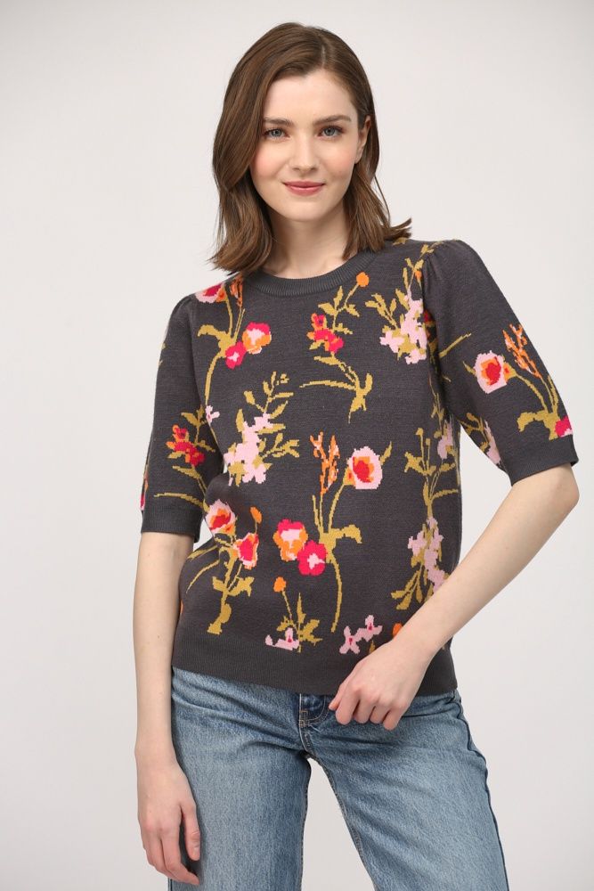 Floral Jacquard Knit Short Puff Sleeve Sweater - SALE - MSRP: $60, Size: Small, Color: Charcoal