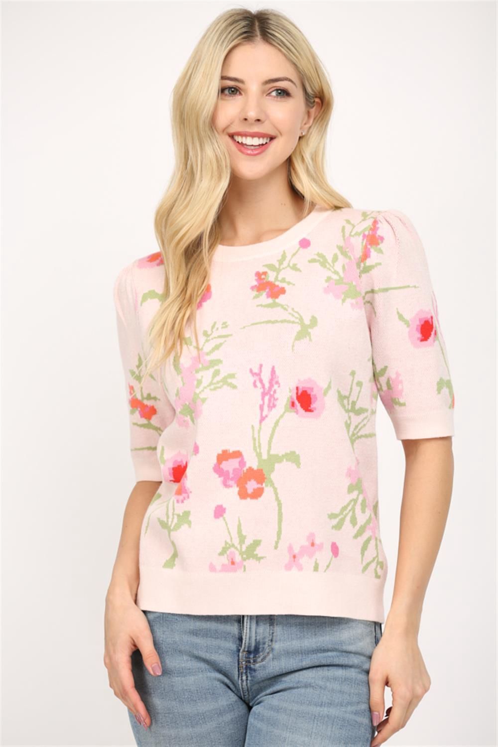 Floral Jacquard Knit Short Puff Sleeve Sweater