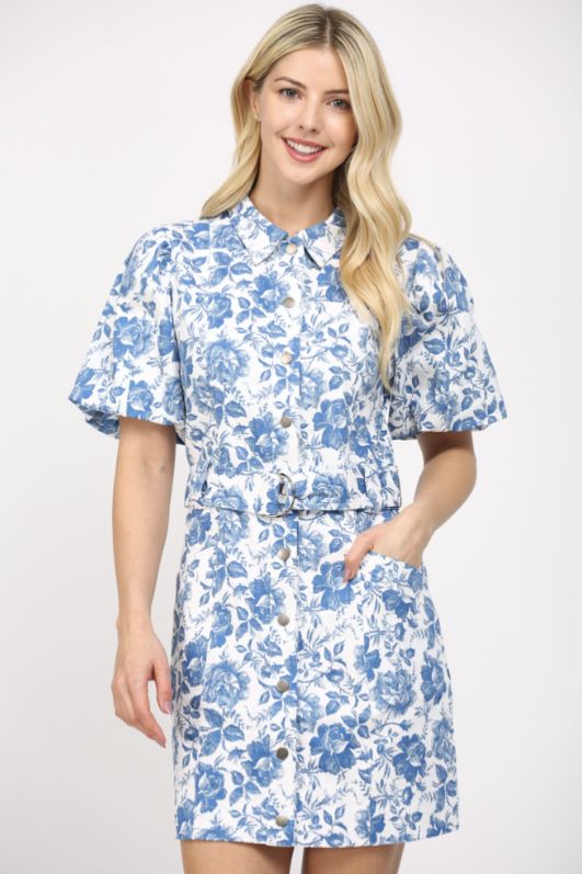 Short Puff Slv Belted Button Down Dress