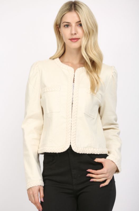 Braided Det Puff Slv Stretch Denim Jacket