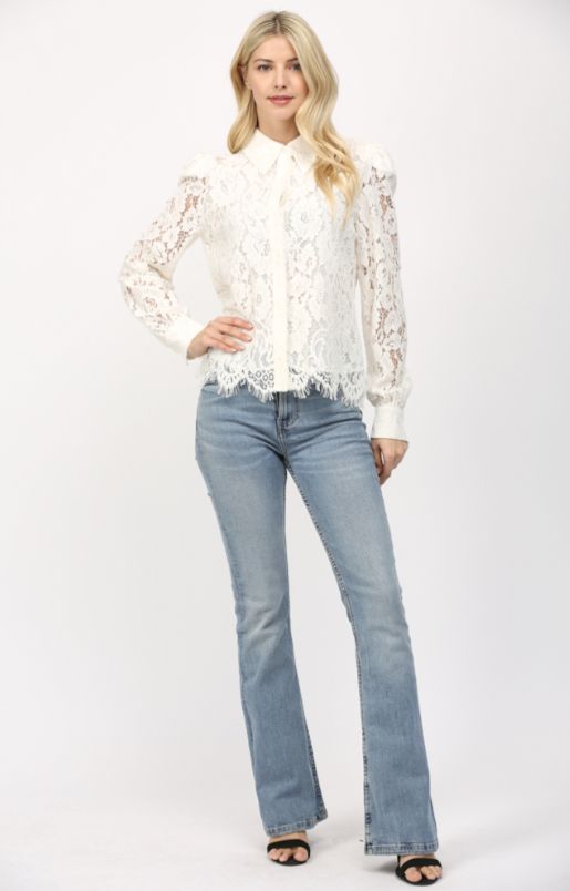 Scallop Edge Lace Button Down Blouse