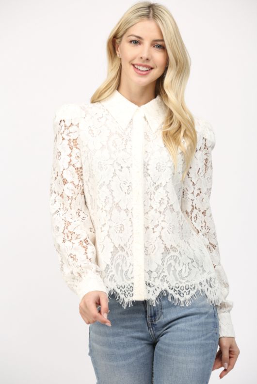 Scallop Edge Lace Button Down Blouse
