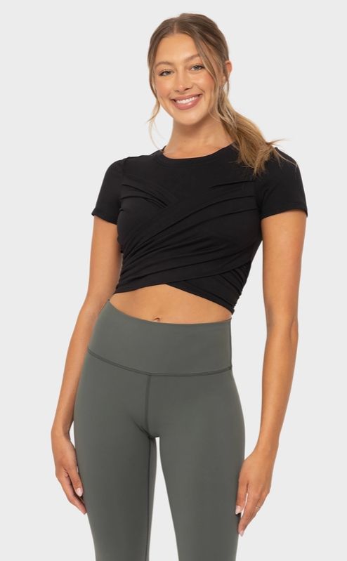 Active Ruched Top with Bow Detail, Size: Small, Color: Black