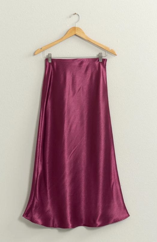 High Wasted Satin Midi Skirt, Size: Small, Color: Sangria