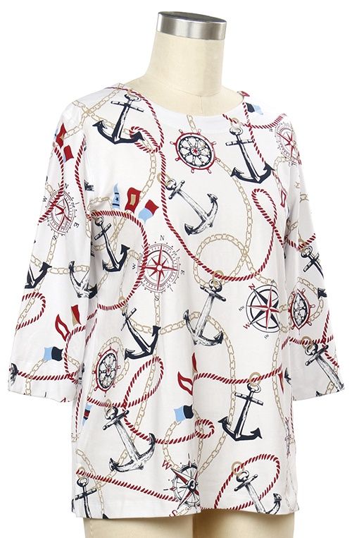 Cruising Along 3/4 Sleeve Screen Print Top, Size: Small, Color: White/Red/Navy