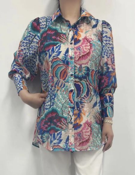 Cuff Full Sleeve Printed Top, Size: Small, Color: Blue Floral: 2