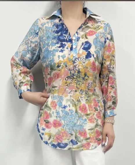 1/4 Button Neck Full Sleeve Print Top, Size: Small, Color: Floral: 1