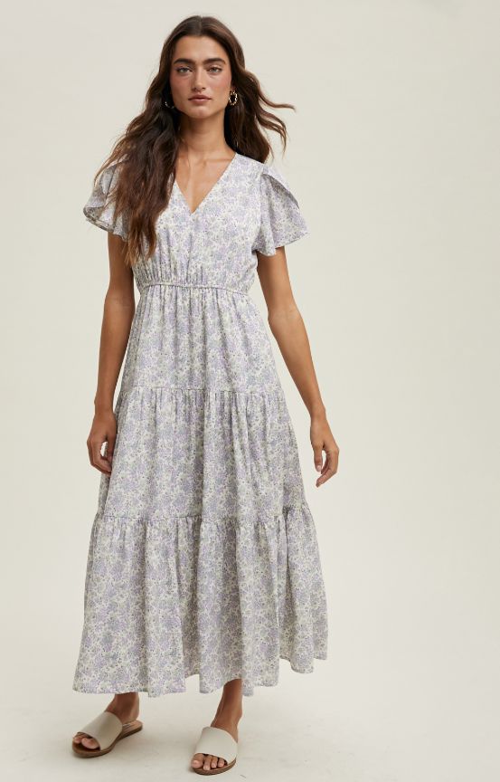 Floral Tulip Sleeve Midi Dress, Size: Small, Color: Sage/Lav