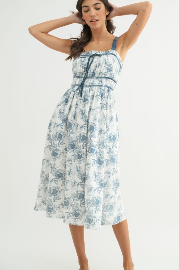 Floral Midi Velvet Trim Dress