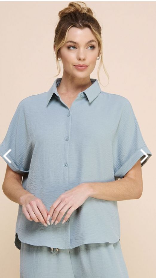 Soft &amp; Airy Rolled Cuff Short Sleeve  Dolman Button Front Shirt, Size: Small, Color: Dusty Teal
