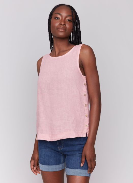 Solid Sleeveless Round Neck Linen Blouse