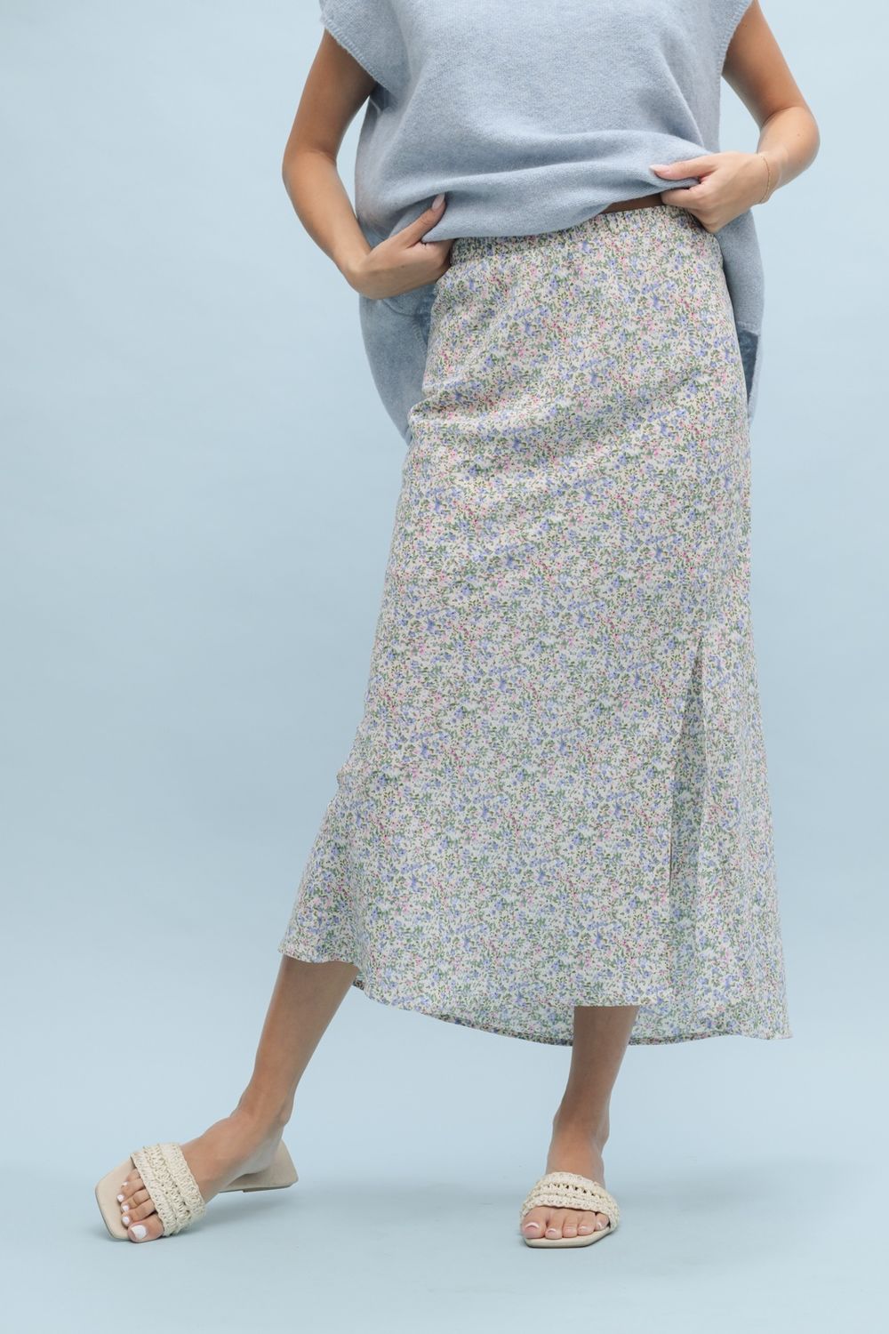 Floral Midi Skirt with Front Slit