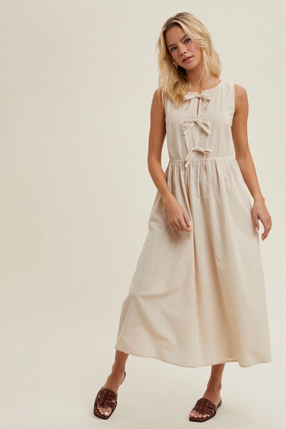 Striped Bow Detail Midi Dress