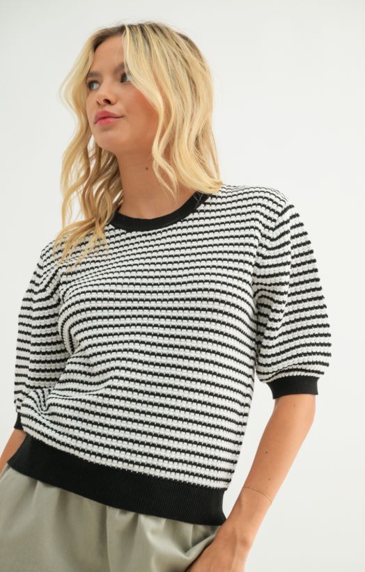 Striped Puff Sleeve Sweater Top, Size: Small, Color: White/Black