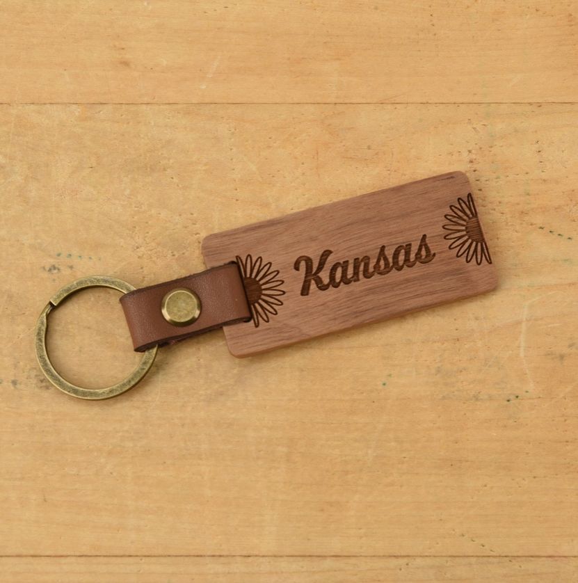 Kansas Wood/Leather Keychain, Type: Sun Shower