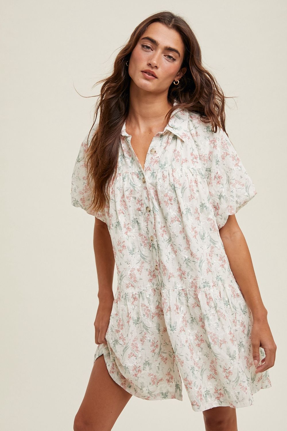 Floral Embroidered Button-Up Mini Dress