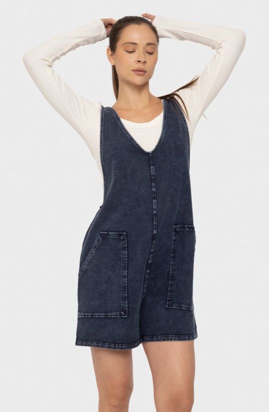 Cotton Blend Relaxed Fit Romper, Size: Small, Color: Denim