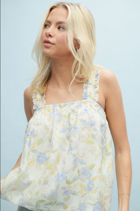 Ruffle Straps Floral Cami, Color: Blue Combo, Size: Small