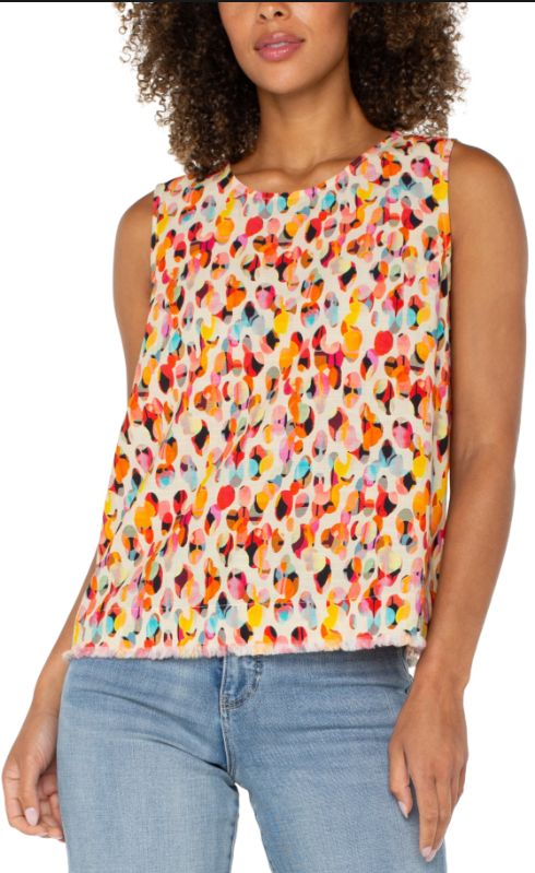 Sleeveless Woven Top With Button Back, Size: X-Small, Color: Watercolor Dots Multi