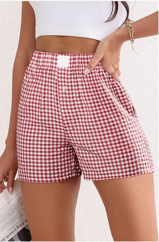 Stripe Plaid Printed High Waist Gingham Shorts, Size: Small, Color: Red