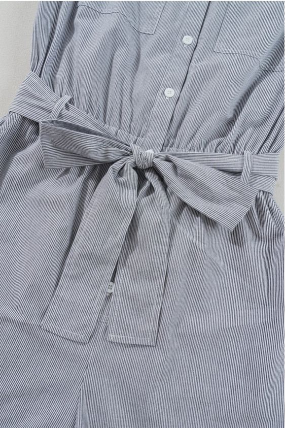Stripe Chest Pockets Buttoned Belted High Waist Romper