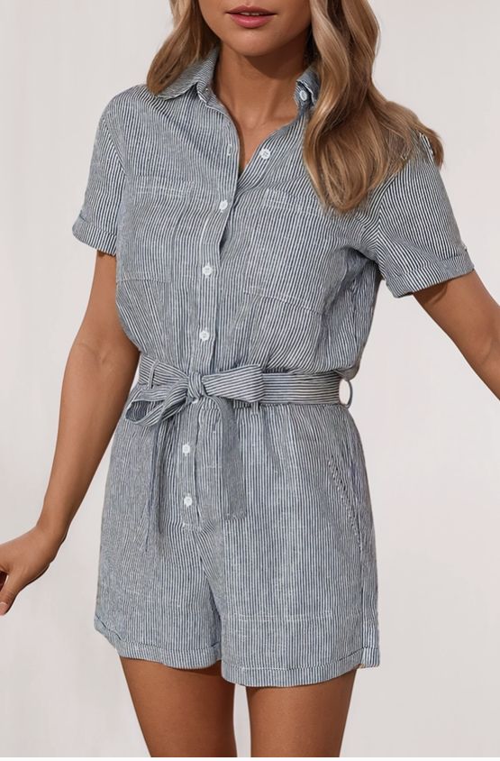 Stripe Chest Pockets Buttoned Belted High Waist Romper, Size: Small, Color: Blue