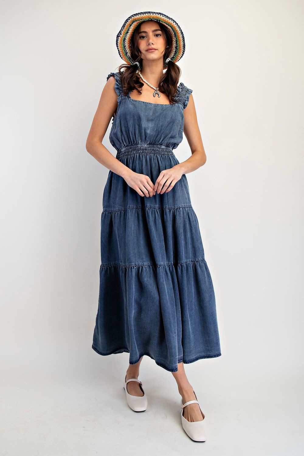 Washed Chambray Tiered Maxi Dress