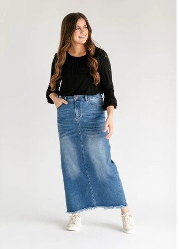 Dakotah Raw Hem Long Denim Skirt