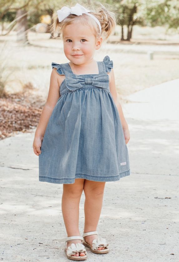 Girls Light Wash Denim Flutter Bow Dress