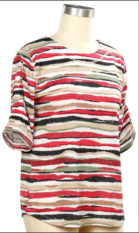 3/4 Sleeve Print Stripe Top, Color: Apple Mosstone, Size: Small