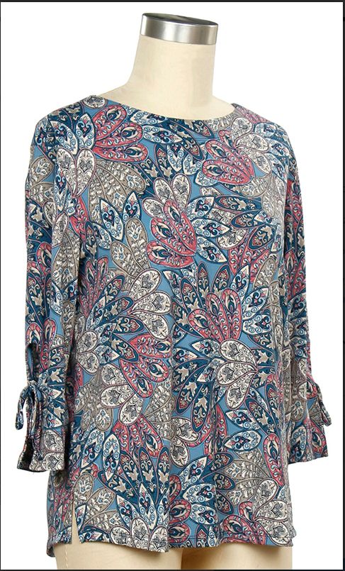 3/4 Sleeve Print Tie Sleeve Top, Color: Blue Dusk Taupe, Size: Small