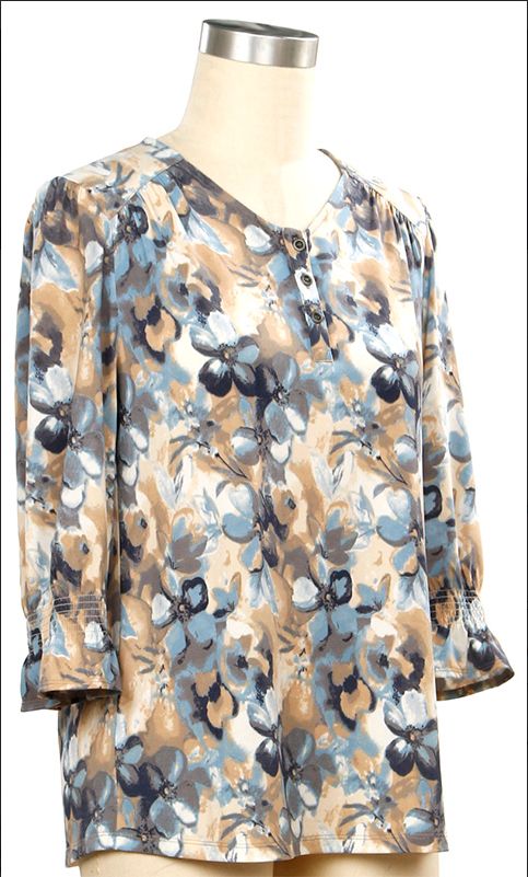 3/4 Sleeve Floral Print Placket Top, Color: Blue Rain Pearl, Size: Small