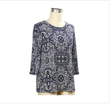 3/4 Sleeve Ellen Print Top, Color: Navy Print, Size: Small