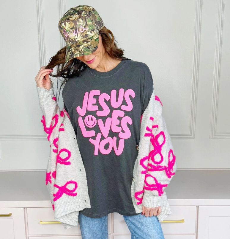 Smiley Jesus Loves You Puff Tee, Color: Pepper, Size: Small