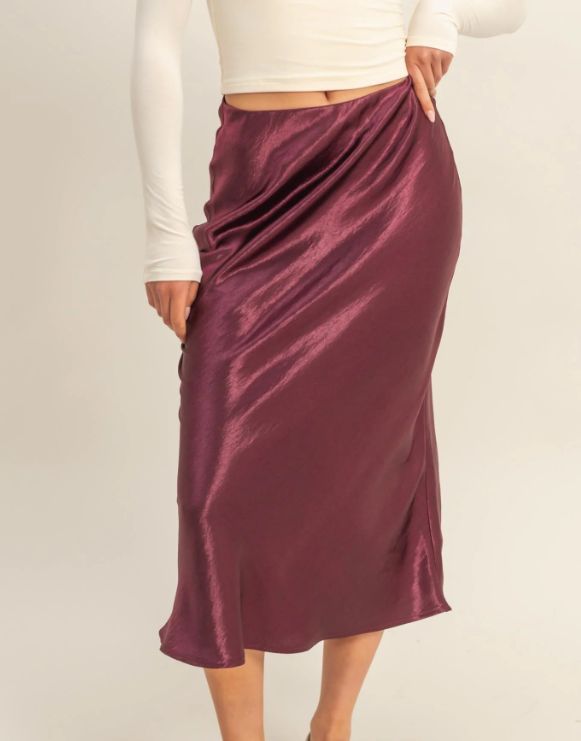 High-Waisted Satin A-Line Midi Skirt, Color: Dark Cherry, Size: Small