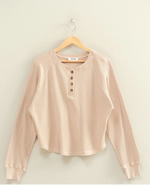 Mineral Washed Henley Waffle Raglan Sleeve Top, Color: Dark Taupe, Size: Small