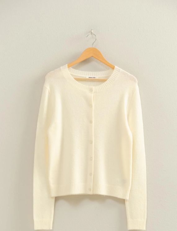 Crew Neck Long Sleeve Buttoned Cardigan, Color: Whip Cream, Size: Small