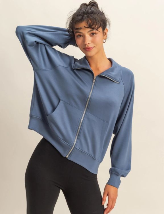 Scuba High Neck Long Sleeve Zippered Jacket, Color: Dusty Navy, Size: Small