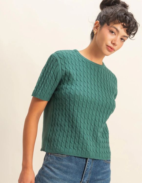 Cable Knit Short Sleeve Sweater Top, Color: Deep Greem, Size: Small