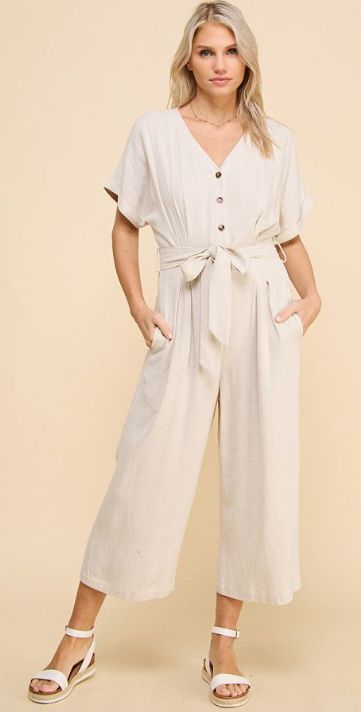 Button Front Jumpsuit with Pleat Detail, Size: Small, Color: Natural