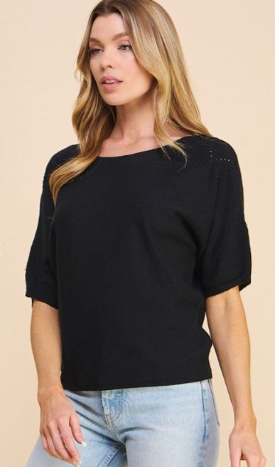 Fine Gauge Dolman with Diamond Pointelle Short Sleeve