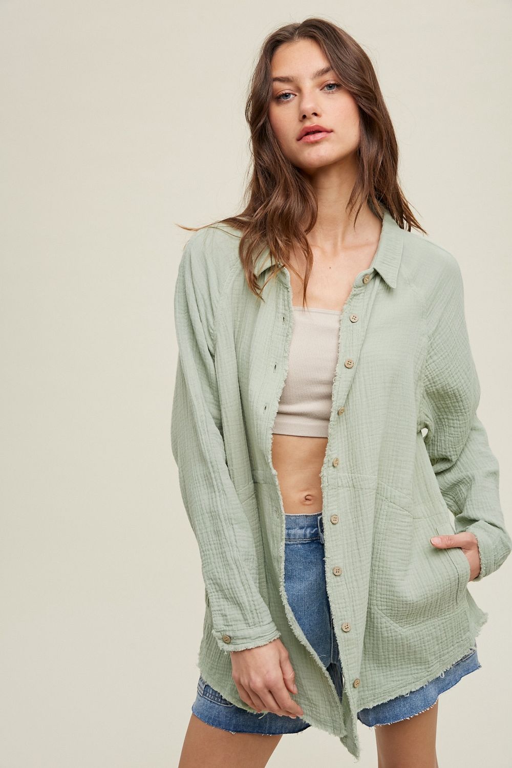 Cotton Gauze Button-Up Top with Raw Edge Detail