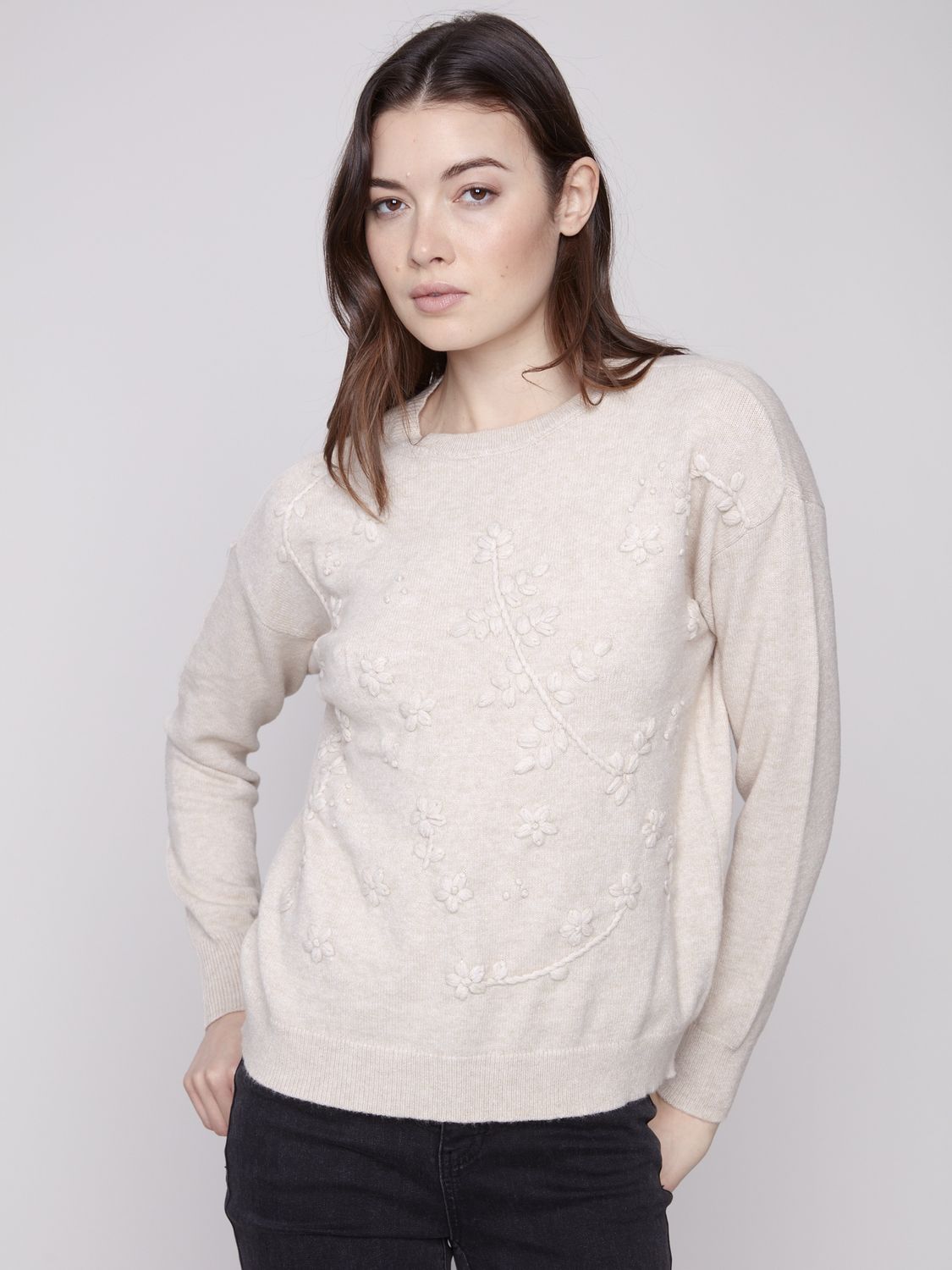 Crew Neck Sweater With Tonal Embroidery