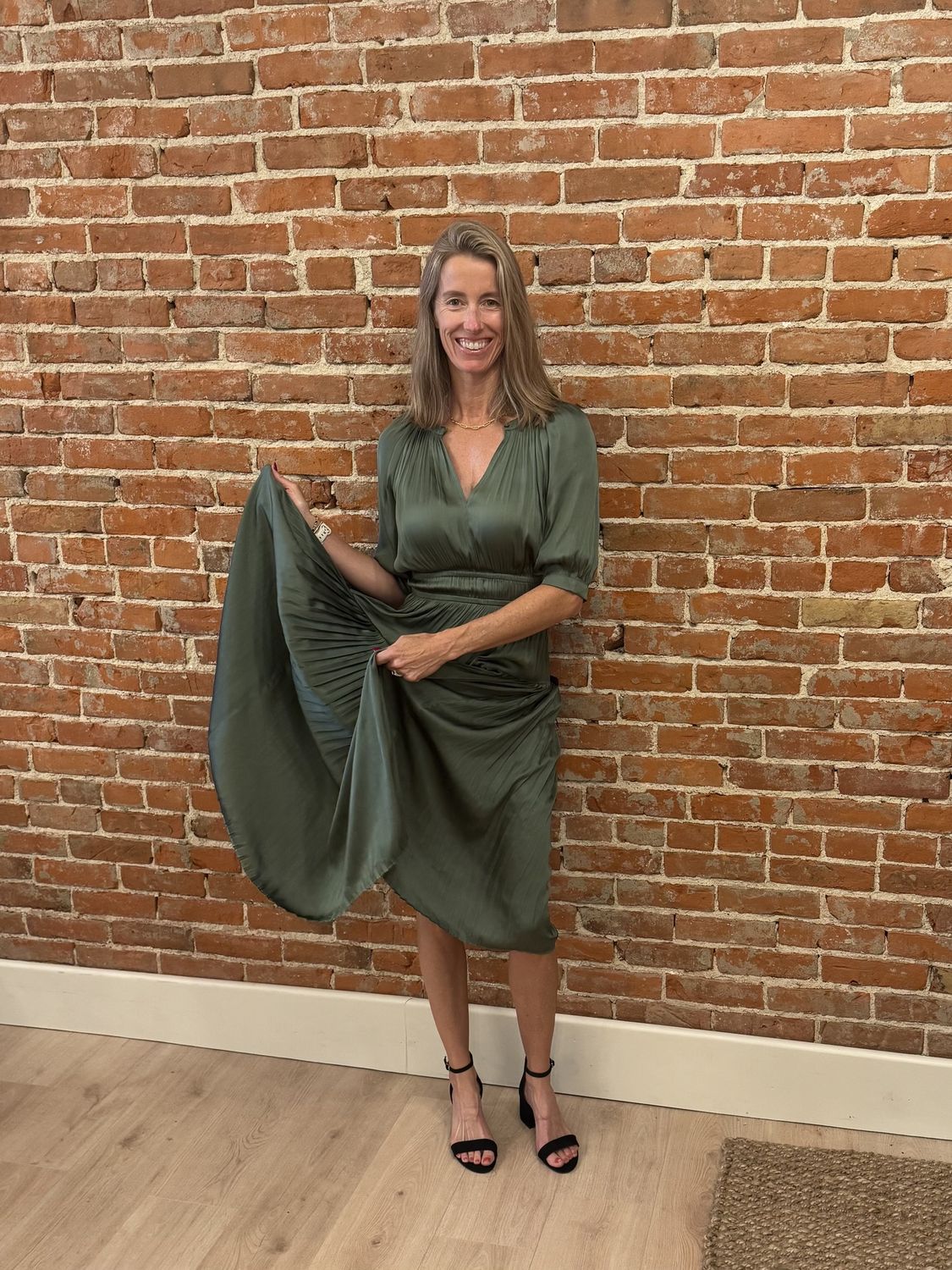 Round Split  Neck Midi Dress with Pleat Skirt