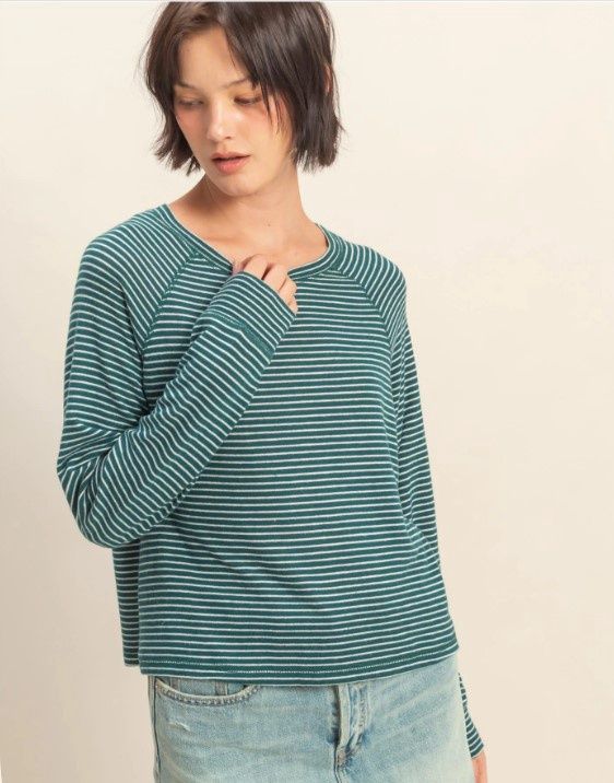Striped Raglan Long Sleeve Top, Size: Small, Color: Deep Green/Cream