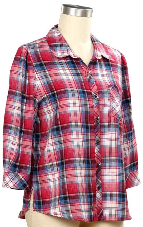 3/4 Sleeve Plaid Blouse, Size: Small, Color: Pink Denim