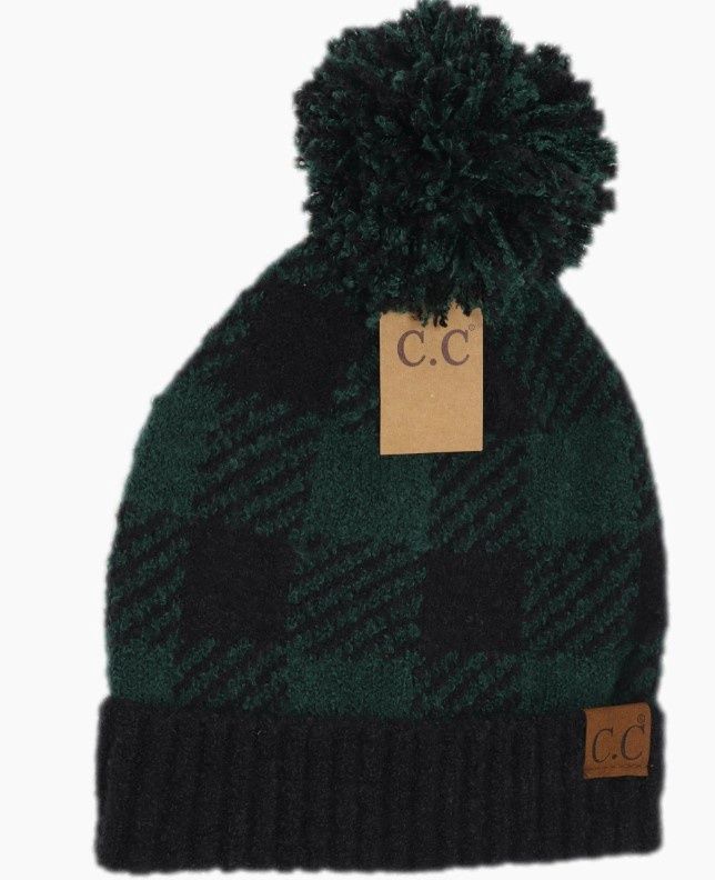 Buffalo Print Jacquard Knit Pom Beanie, Type: Black/Deep Pine