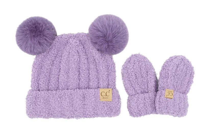 Baby Solid Knit Double Pom Hat and Mitten Set