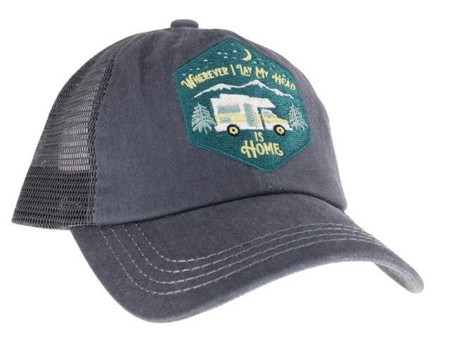 Wherever I Lay My Head Patch Embroidered High Pony Hat, Color: Grey