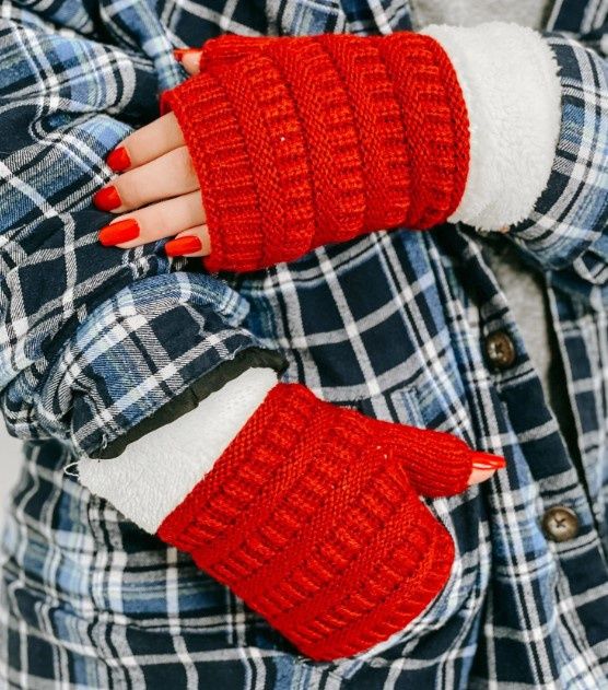 Fingerless Sherpa Lined Gloves, Color: Red